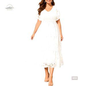 Plus Size Long Sleeve V Neck Floral Lace Smocked Tiered Midi Dress